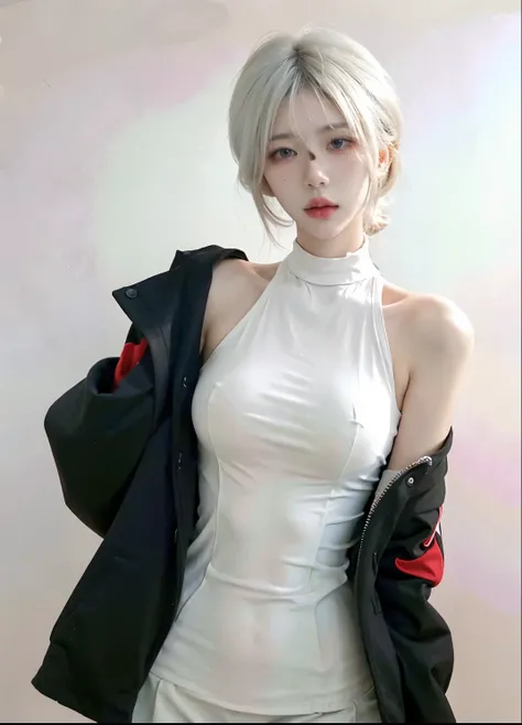 Beautiful woman with perfect figure:1.4，Ultra-high resolution，White background，（Realism:1.4)，Layered hairstyle，White skin，Bodysuit:1.5，Super short pleated skirt，whole body，Very delicate and skin texture，Double eyelids，Skin Whitening，short hair，White hair
