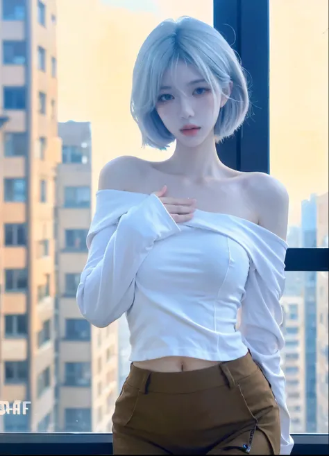 Beautiful woman with perfect figure:1.4，Ultra-high resolution，White background，（Realism:1.4)，Layered hairstyle，White skin，JK:1.5，Super short pleated skirt，whole body：1.4，Very delicate and skin texture，Double eyelids，Skin Whitening，short hair，White hair
