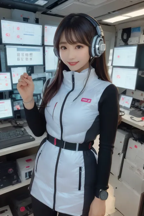 masterpiece, Highest quality, Very detailed, 8K Portrait,Japanese Android Girl,plump , Control panel,Robotic arms and legs, Blunt bangs,,break (Metallic Gray, Metallic luster, Mirror finish, Astro Best):5,headphone:5,break (Black sleeves):100,Smart Watches...