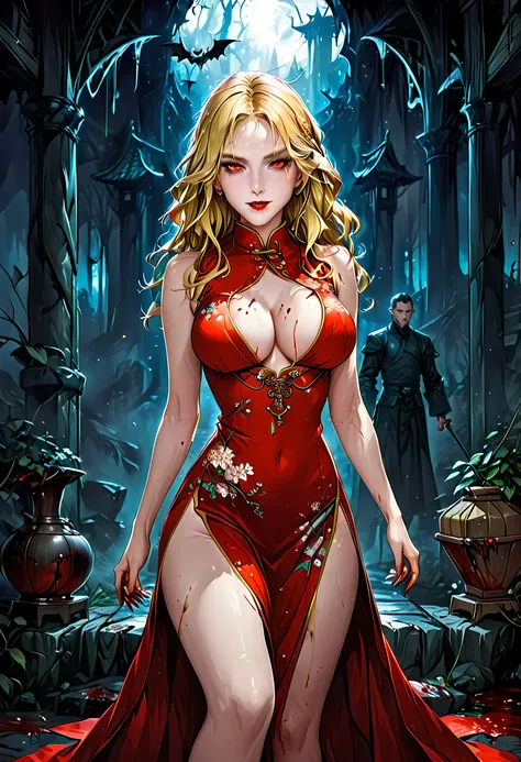 a beautiful female vampire wearing a ((blood stained: 1.5) white Cheongsam: 1.5), an extremely beautiful female vampire, ultra detailed face, blond hair, long hair, wavy hair, dark glamour make up, pale skin, red lips, (glowing red eyes: 1.2), visible (vam...