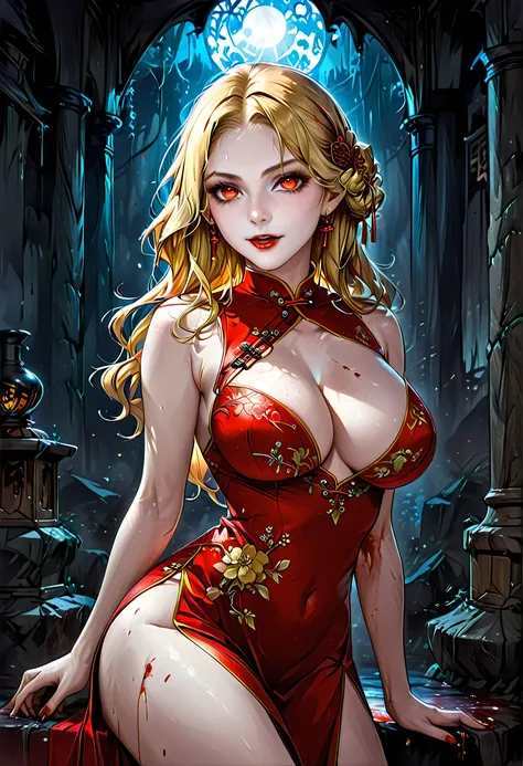 a beautiful female vampire wearing a ((blood stained: 1.5) white Cheongsam: 1.5), an extremely beautiful female vampire, ultra detailed face, blond hair, long hair, wavy hair, dark glamour make up, pale skin, red lips, (glowing red eyes: 1.2), visible (vam...