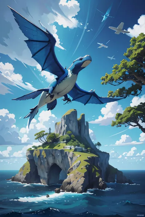 (high detailed, high resolution, masterpiece), a blue drake is flying far above an island with trees surronded by ocean