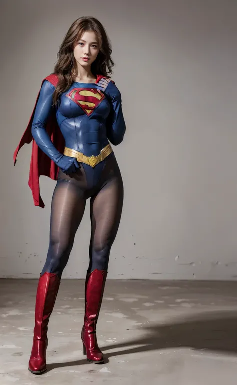 No background、(((Beautiful legs in black tights.)))、(((Legally express the beauty of your smile)))、((((Make the most of your original images)))、(((Body-hugging Supergirl costume)))、(((Supergirl Costume)))、(((Beautiful Hair)))、(((suffering)))、(((Please wear...