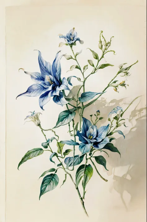 masterpiece of watercolor botanic illustration on white cotton paper of a pair of brugmansia blue flowers, with a branch, and so...