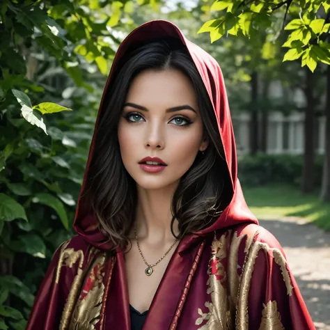 nahaufnahme-porträt wa newlaracroft in einem wald, (contre-jour), realisti, ​masterpiece, highest quality, ((red cloak with hood...