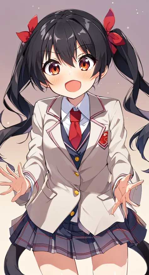 one girl, black hair, twin tail, high school student, school blazer, naive, slender, anime girl, girl focus, cute, long twn tail, necktie, cute pose, ecstatic, cowboy shot, 