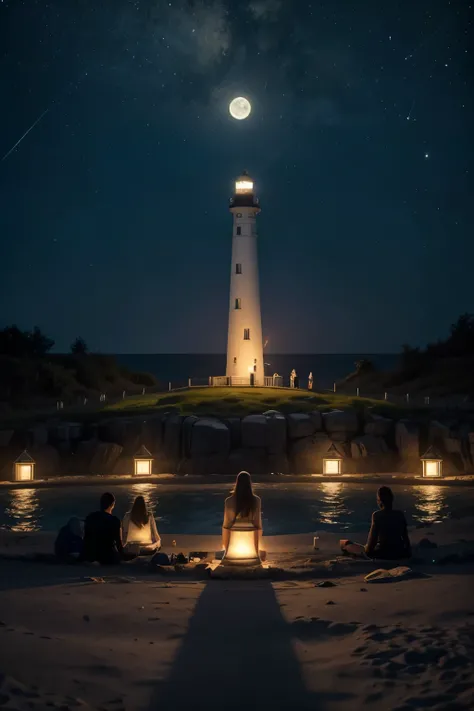 a lighthouse on a starry night with a full moon illuminating a group of people who are meditating.