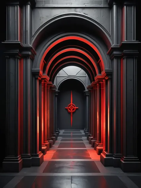 tunel, infernal themed futuristic background image, palacio hell, symmetrical image, hell, dark gray wall, negro, red, puertas a...