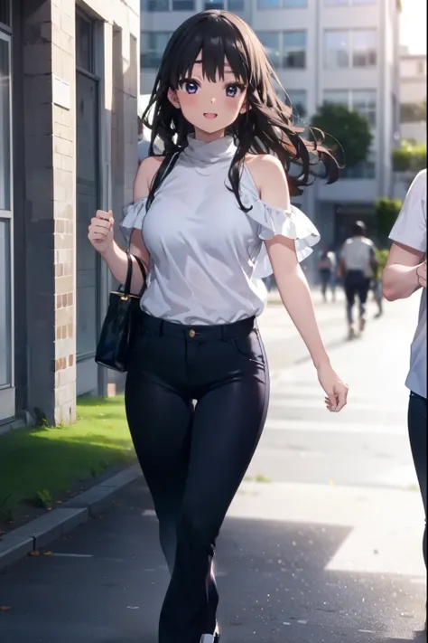 mioakiyama, My Akiyama, Long Hair, bangs, Black Hair, (Iris:1.3), Hime cut happy smile, smile, Open your mouth,blush,Cold shoulder tops,skinny pants,Stiletto heels,Walking,The sun is rising,morning,morning陽,whole bodyがイラストに入るように,
break outdoors, School,cou...