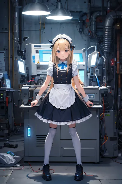 girl ,girl 12 year old , mechanical face , futuristic maid dress ,flat chest ,long blonde hair frinje ,(loli body), mechanic-headband, blue leds ,blue light auréola, quality, 8k ,maid uniform , Cyborg arms. Mechanical Limbs Metal, Mechanical legs ....