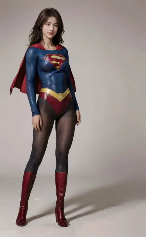 No background、(((Beautiful legs in black tights.)))、(((Legally express the beauty of your smile)))、((((Make the most of your original images)))、(((Body-hugging Supergirl costume)))、(((Supergirl Costume)))、(((Beautiful Hair)))、(((suffering)))、(((Please wear...