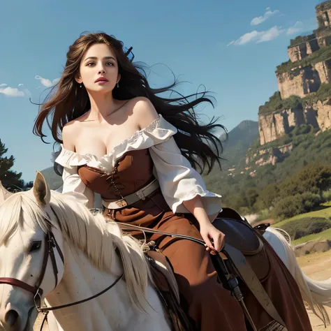  off shoulder, from below, cleavage, long wild hair, old womans, on horseback