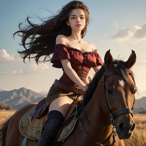  off shoulder, from below, on horseback, cleavage, long wild hair, old womans