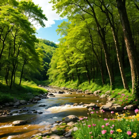 a forest with flowering fields and (river)