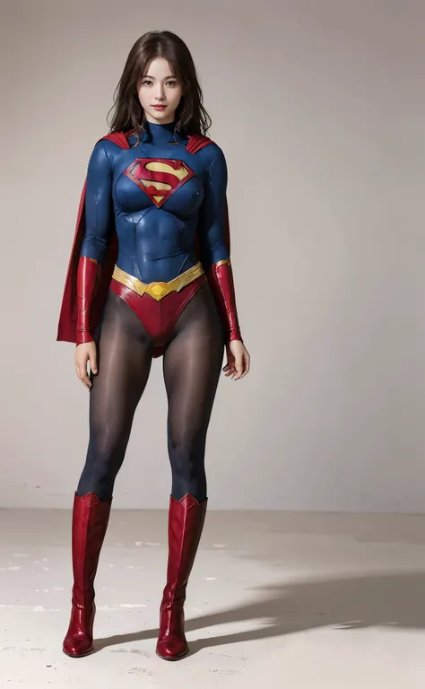 No background、(((Beautiful legs in black tights.)))、(((Legally express the beauty of your smile)))、((((Make the most of your original images)))、(((Body-hugging Supergirl costume)))、(((Supergirl Costume)))、(((Beautiful Hair)))、(((suffering)))、(((Please wear...