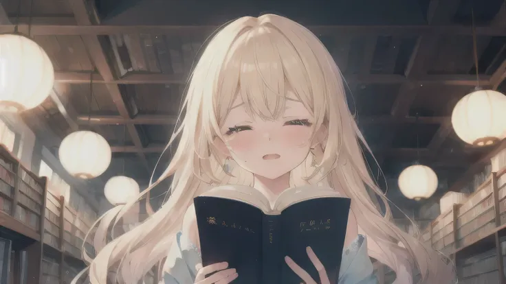 ((Highest quality)), ((masterpiece)), (detailed), One girl,  library、Reading a book and being inspired、I close my eyes and cry with joy、blonde、Smooth Hair、Tears、