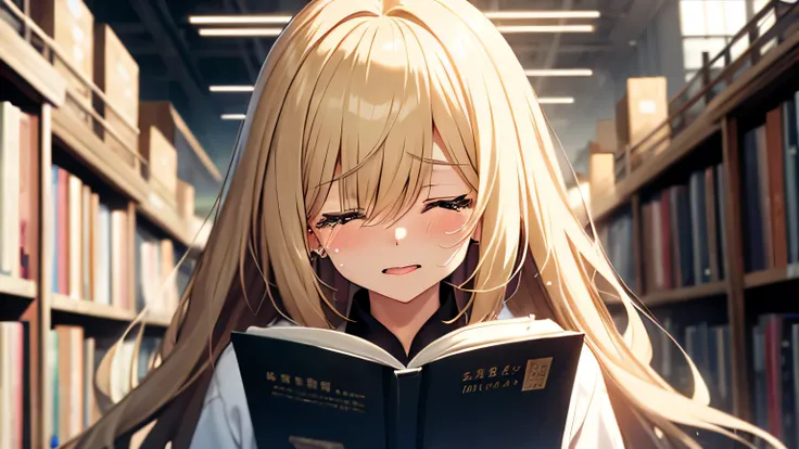 ((Highest quality)), ((masterpiece)), (detailed), One girl,  library、Reading a book and being inspired、Close your eyes, laugh and cry、blonde、Smooth Hair、Tears、