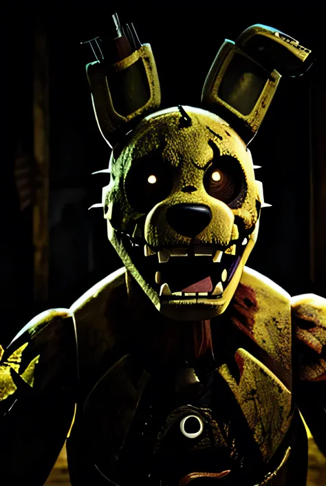 realistic, photorealistic, detailed, intricate, 1 springtrap, glowing eyes, detailed facial features, sharp teeth, tattered anim...