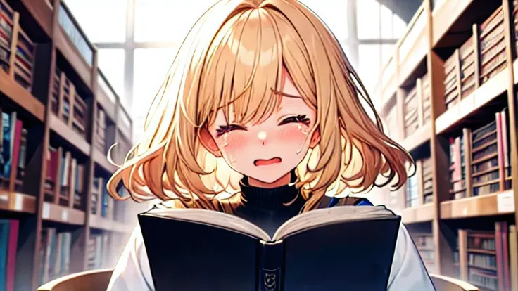 ((Highest quality)), ((masterpiece)), (detailed), One girl,  library、Reading a book and being inspired、I close my eyes and cry with joy、blonde、Smooth Hair、Tears、8K、