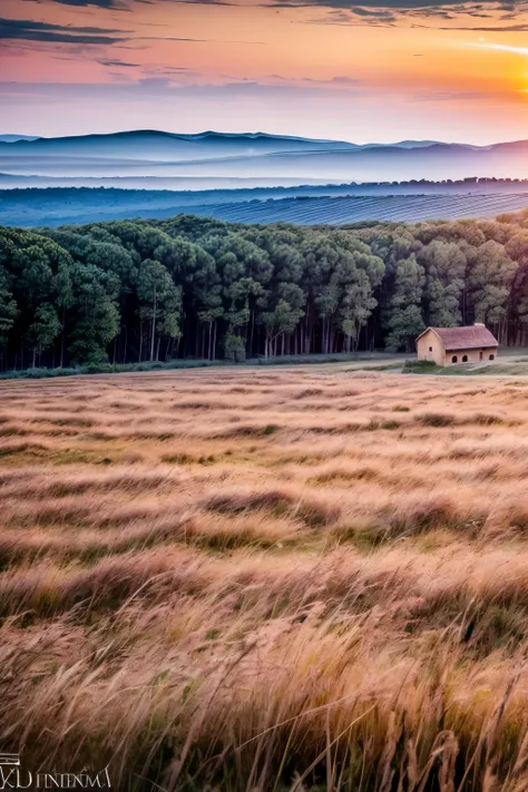 A breathtakingly panoramic landscape, ((grandiosa)), ((hiperrealismo)), capturing the rustic charm of a sunset over the open fields. ((paisaje)), The sky painted in hues of orange and pink, as the sun dips below the horizon. Long grasses illuminated by the...