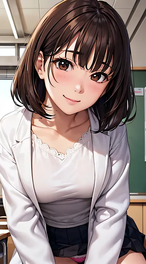 ((Tabletop, Highest quality, High resolution, , Pixel Perfect, 4K,))), 1 female teacher, single, alone, beauty、The whole body is visible、 ((Mid-wave hair, bangs, Brown Hair)), ((Brown eyes, Beautiful eyelashes, Realistic eyes)), ((Detailed face, Blushing:1...