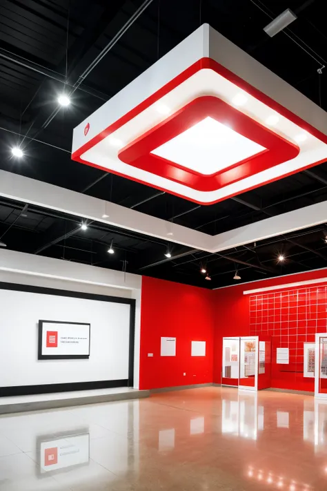  Create an image of an entrepreneurship museum at the Catholic University of Cuenca with bright red and white colors. The museum must have the name "Kalary" prominent at the entrance and within the space, with holographic projections that tell the story of...