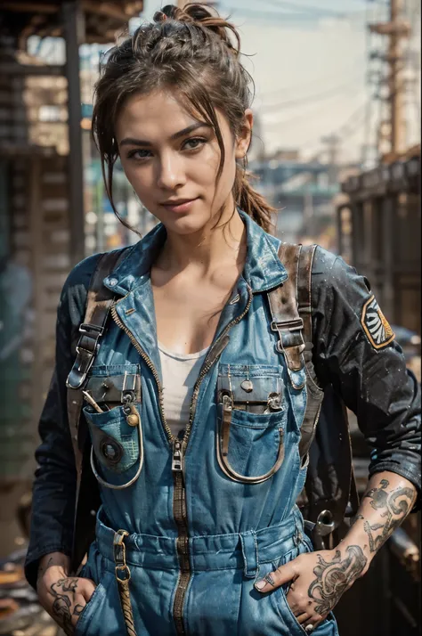 ((best quality)), ((masterpiece)), (detailed), mesmerizing and alluring female mechanic covered in grease,Confident smile，Look into the camera，(Dirty and rugged body:1.2), (tough and confident demeanor:1.1), (mechanical expertise:1.3), ponytail hair, smudg...