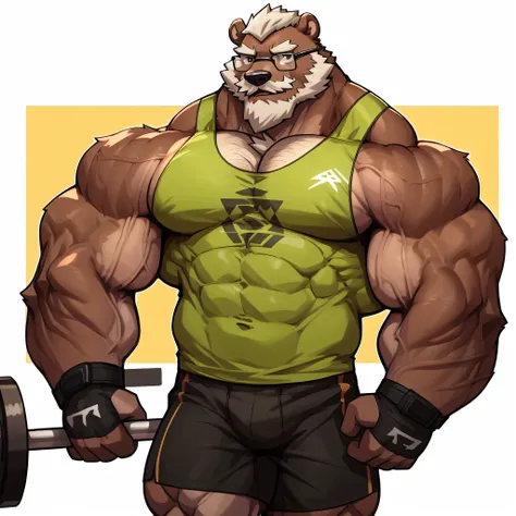 solo, 1boy, Huge Muscular Old Grizzly Bear wearing glasses , pectoral, huge pectoral, wide pectoral, short white hair, short pants, black wristbands and black tank top , bearded, Mustache, simple background, masterpiece, high detailed, 8k, high resolution,...