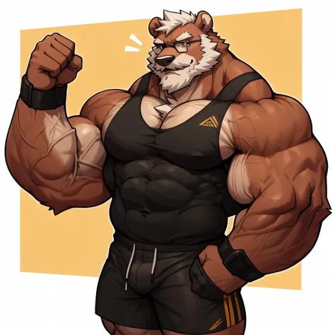 solo, 1boy, Huge Muscular Old Grizzly Bear wearing glasses , pectoral, huge pectoral, wide pectoral, short white hair, short pants, black wristbands and ripping off his tank top , bearded, Mustache, simple background, masterpiece, high detailed, 8k, high r...