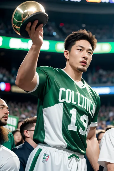 Boston Celtics Champion: Standing triumphantly in the center of a grand stadium, adorned in a gleaming green and white jersey with the iconic shamrock emblem, the Boston Celtics Champion raises the trophy high above his head, embodying the teams spirit and...