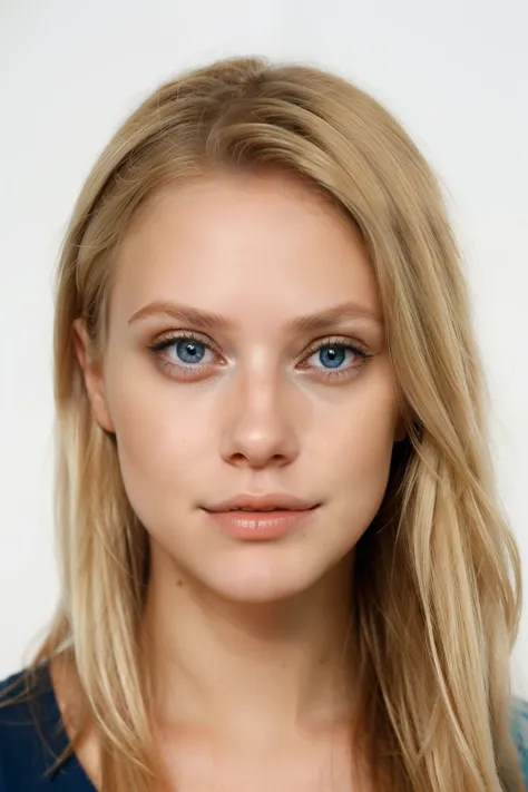 blonde woman with faint blue eyes, with a pretty face