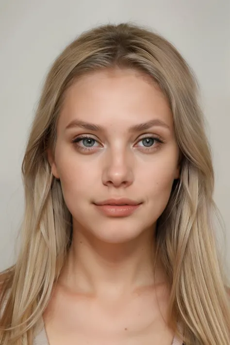 blonde woman with gray eyes, with a pretty face