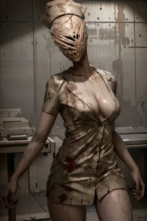 (work of art, best qualityer)
SilentHill Nurse, 1 girl, standing alone, gazing at viewer, ha, containment, neckleace, standing, missiles, with no face female, containment missiles, bloodstains, leaning forward, front viewer, 1 other, with no face, nurse ca...