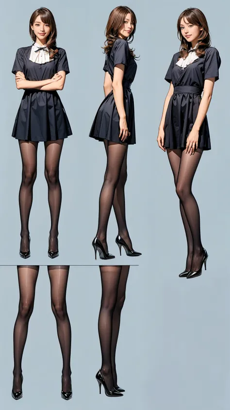 ((masterpiece)),(((Highest quality))),((Character design sheet)),Thin thighs,Long legs,Bunny girl in a light blue maid outfit:1.5，Wearing light blue tights:1.5，The best smile:1.5，Full Body Shot:1.5，Gray background:1.5，Wearing black high heels:1.5，short sid...