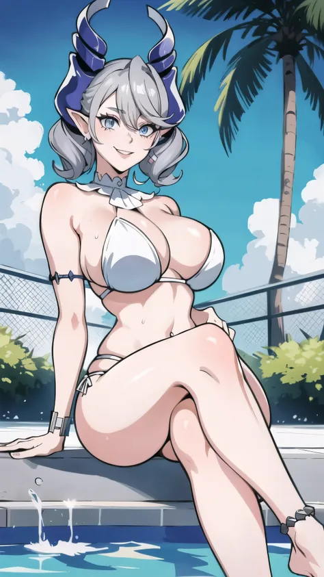 High level image quality　best image quality　8K　 adult woman  pool party  sunset　palm trees   whole body view　portrait　 bikini   　horn    ears  　short hair（（shortcut）（gray hair）（perm）（fluffy））　eye color is blue  , 　attractive evil face , smile   ,  sexy pos...