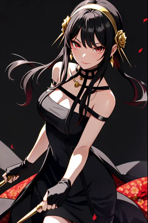 yor briar, anime style beutiful woman, 1girl, happy, smile, red face, closed mouth, beautiful detailed eyes, super detailed skin, backlighting, bare shoulders, black background, black dress, black gloves, black hair, breasts, dress, earrings, fingerless gl...