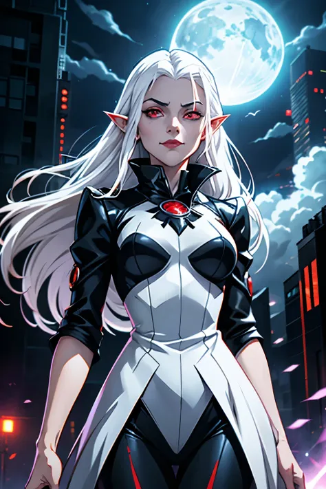 1 girl, (standing alone), anime girl with long white hair and red eyes,  with white hair, girl in white high collar, ((eye patche)), pointy ears, ((vampyre)), pretentious smile, presumptuous, cloused mouth, cowboy shot, perfect white haired girl, white hai...