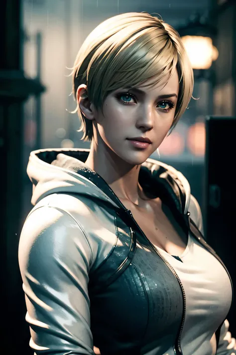 Resident Evil 6,Shelley,Short Hair,Blonde Hair,White hoodie,Cold protection,neck warmer,Photorealistic,Ultra HD,high quality,masterpiece,Digital SLR,Detailed details,Intricate details,Anatomical basis,Depicted in detail,A detailed face,Realistic skin textu...