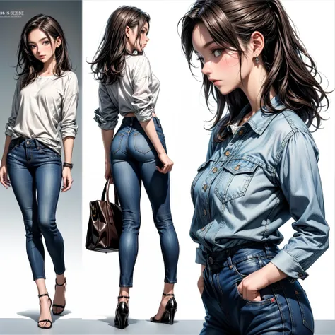 Detailed character sheet, Front view, Side view, Diagonal view, with a white returnground, show women, 30 years old, with short dark brown hair combed return, Wearing light casual clothing, Wearing tight denim jeans. The seat includes different angles, Fro...