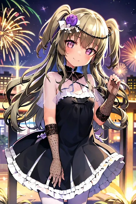 Himari Mei, masterpiece, loli, cute, flat chest, cute and shy smile, highly detailed sparkling brilliant purple eyes, standing in summer night,black dress, perfect body, detailed hands, detailed fireworks in the sky, full body, head tilt, holding hands wit...