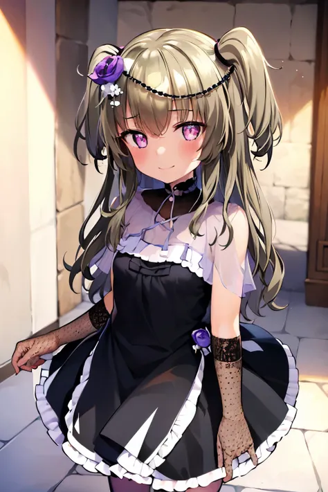 Himari Mei, masterpiece, loli, cute, flat chest, cute and shy smile, highly detailed sparkling brilliant purple eyes, standing in summer day, black dress, perfect body, full body, head tilt, arms behind back, standing in Paris central