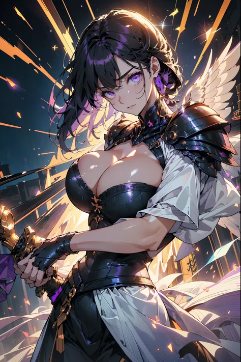 (hail knight, solitary, 1 girl in black armor, beautiful purple eyes, long black hair,  purple wings, 手里拿着huge紫色能量剑, holding a s...