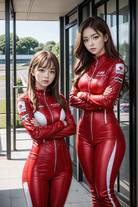 Female racer in red racing suit standing in front of red racing car　Brown hair　Ai Shinozaki　Monza Circuit　Stand with your arms crossed　portrait　porch