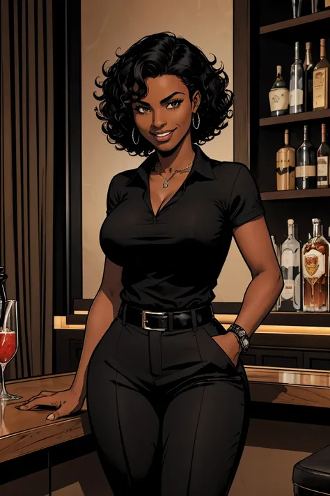 Cardinal, a gorgeous bartender woman with (dark skin, short curly black hair) wearing a black polo, tight slacks. Athletic, huge breasts, wide hips. Short curly black hair, mixing a drink. Smiling. Confident. At a high-end bar, luxury hotel. cleavage.