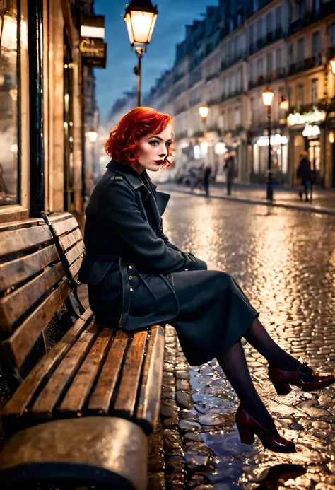 distant view, a night parisian street, fog, cafe shop, beautiful woman sitting in a bench, red hair, spotlight enlighting her detailed face, street lights, long exposure, 1920s, retro vintage, warm lighting, moody atmosphere, cinematic, dramatic shadows, c...