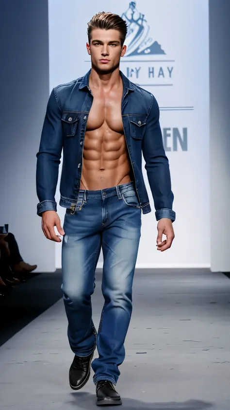 a shirtless man walking down a runway wearing a pair of jeans, male model, baggy jeans, masculine appeal high fashion, mid-shot of a hunky, wearing only pants, sexy masculine, walking down the catwalk, blue jeans. unreal 5, raphael personnaz, open v chest ...