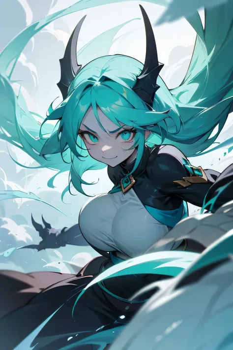 A female dragon, human form, turquoise hair, cloudy eyes, happy, the strongest, cold, extremely powerful, dark, scary.