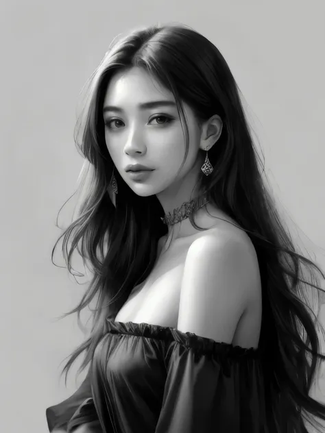 hanfeng, 1girl, greyscale, solo, monochrome, long hair, looking at viewer, parted lips, realistic, lips, bare shoulders, off sho...