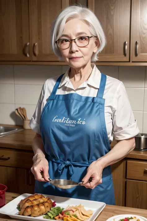 a single elderly woman with white hair wearing glasses and a cooking apron serving the rectangular table full of food