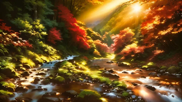 Close-up of a stream flowing through lush forest, Nature Wallpaper, A gently shining forest stream, majestic Natural scenery, Forest and River, Natural scenery, Mountains Rivers Trees, Beautiful nature in the background, Beautiful forest scenery, Anime Nat...